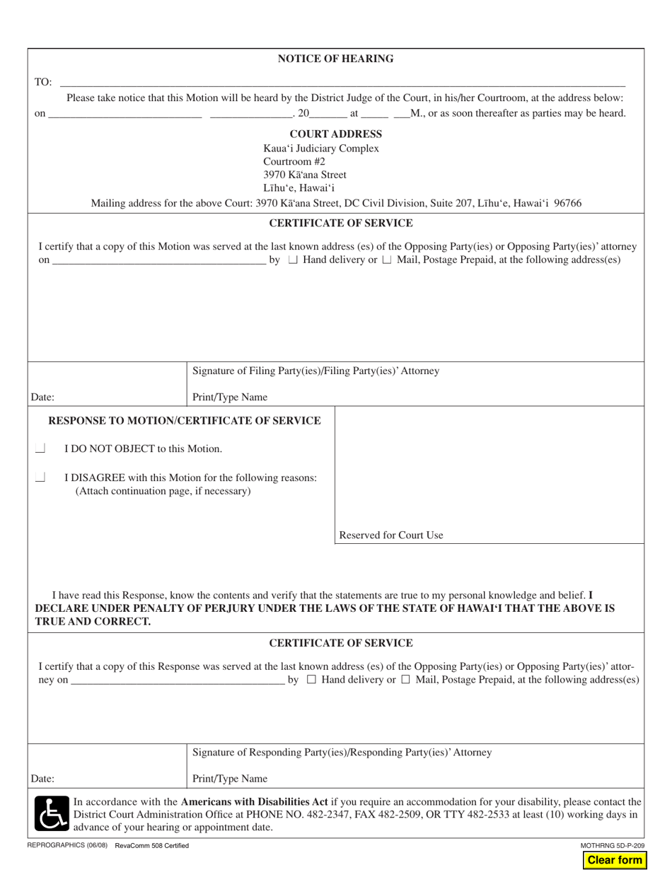 Form 5DC38 Plaintiff(S) / Defendant(S) Motion; Declaration; Notice of Motion; Certificate of Service - Hawaii, Page 2