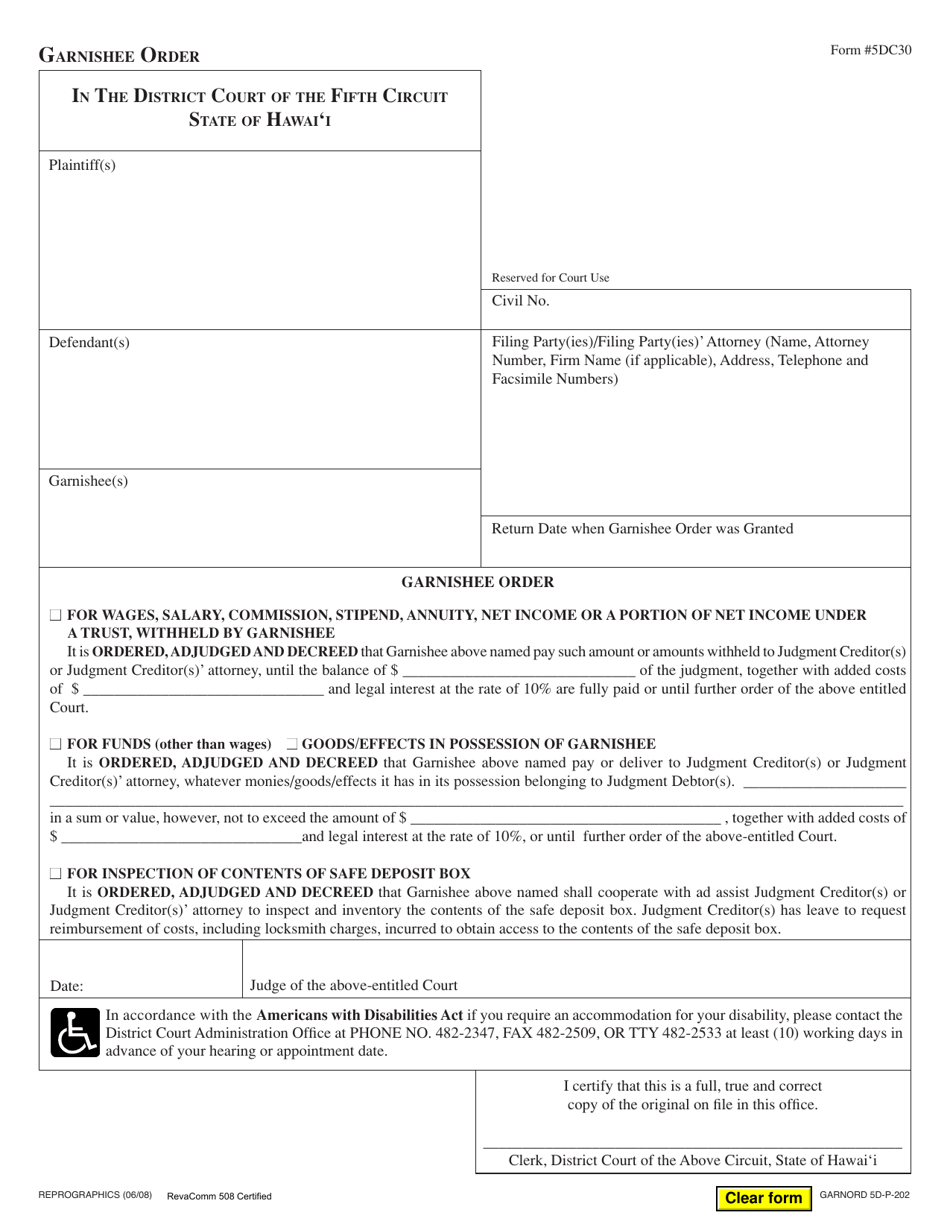 Form 5DC30 Garnishee Order - Hawaii, Page 1