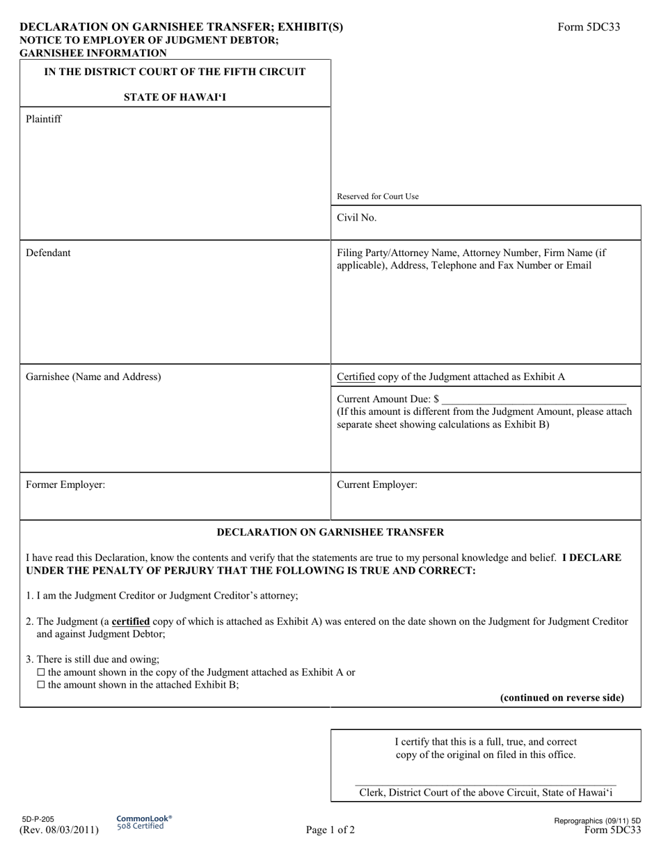 Form 5DC33 Affidavit on Garnishee Transfer; Exhibit(S) Notice to Employer of Judgment Debtor(S); Garnishee Information - Hawaii, Page 1