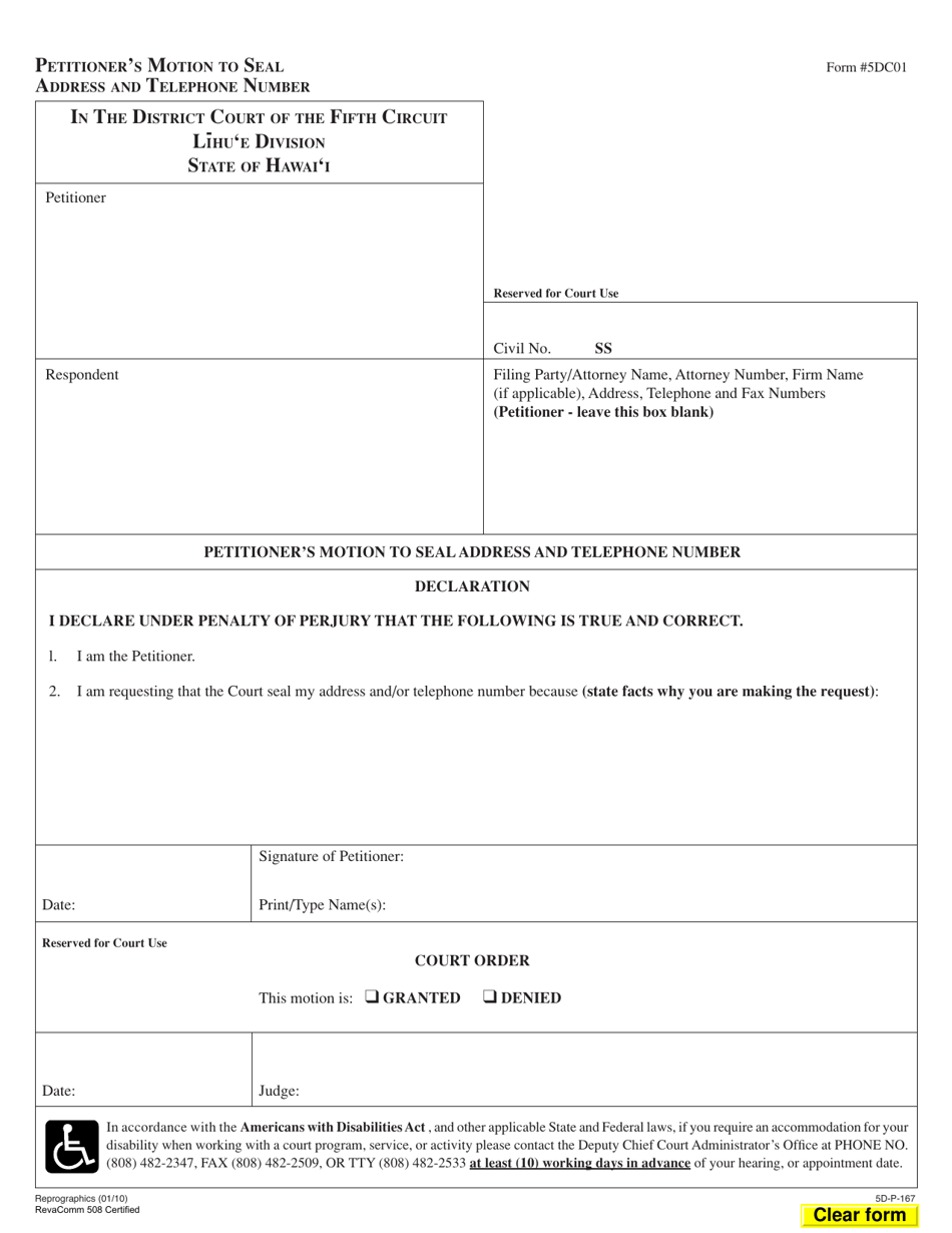 Form 5DC01 Petitioners Motion to Seal Address and Telephone Number - Hawaii, Page 1