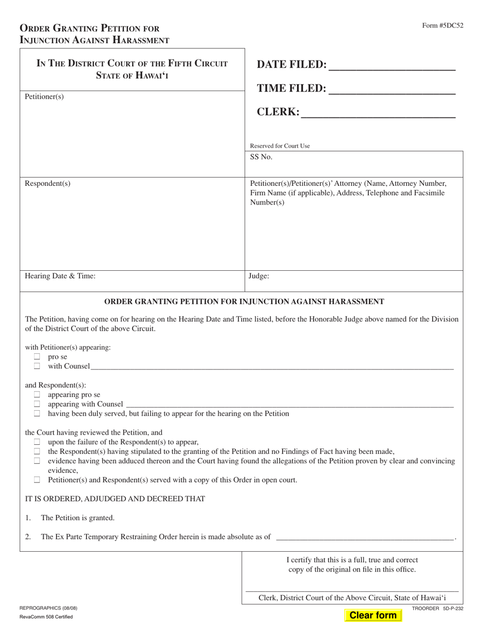 Form 5DC52 Order Granting Petition for Injunction Against Harassment - Hawaii, Page 1