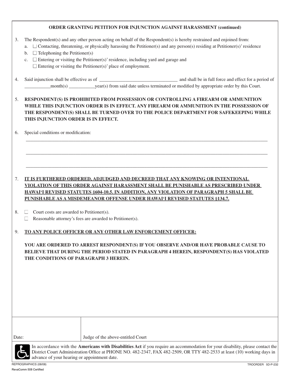 Form 5DC52 Order Granting Petition for Injunction Against Harassment - Hawaii, Page 2