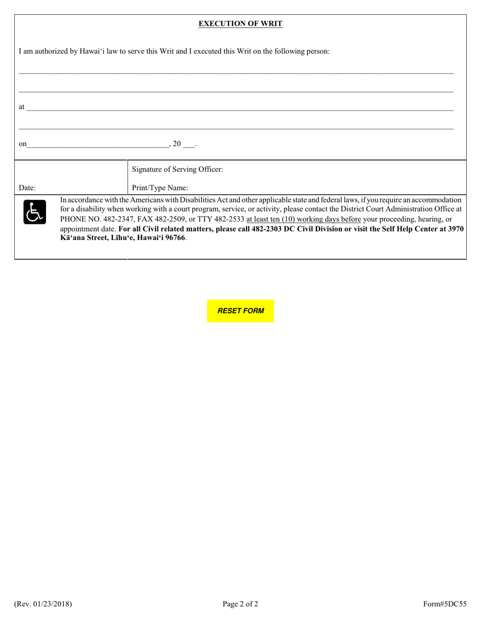 Form 5DC55 Writ of Replevin - Hawaii, Page 2