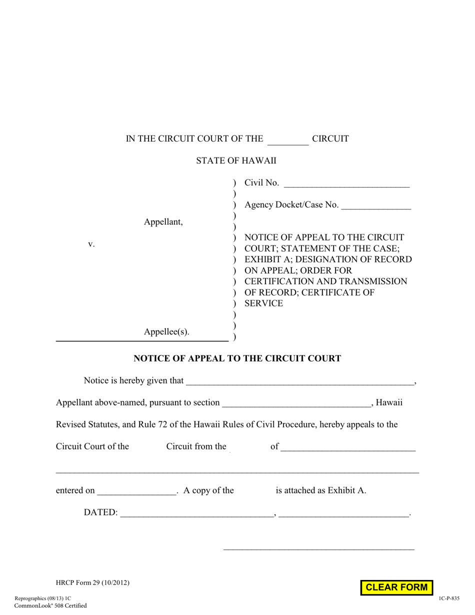HRCP Form 29 Notice of Appeal to the Circuit Court - Hawaii, Page 1