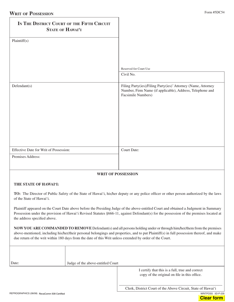 Form 5DC54 Writ of Possession - Hawaii, Page 1