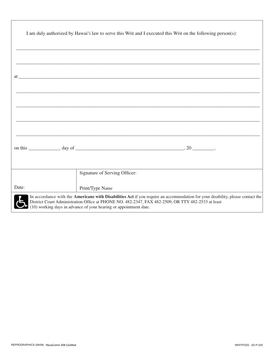 Form 5DC54 Writ of Possession - Hawaii, Page 2