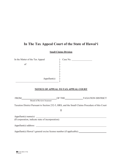 Form LTE031 Notice of Appeal to Tax Appeal Court - Hawaii