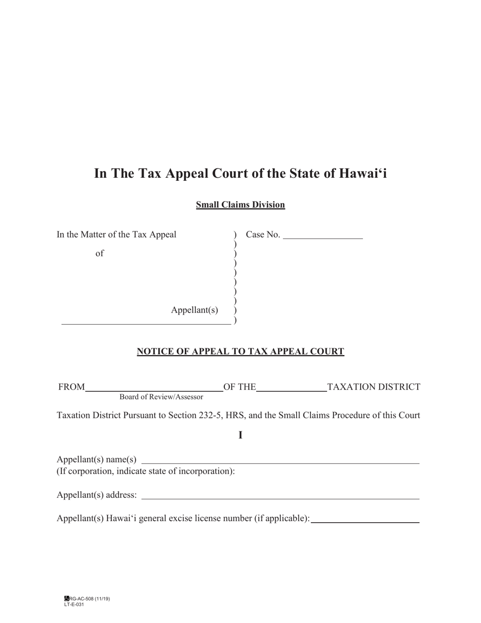 Form LTE031 Notice of Appeal to Tax Appeal Court - Hawaii, Page 1