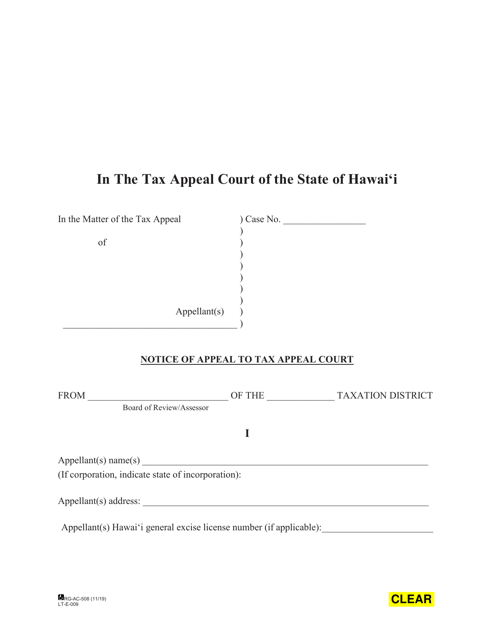 Form LTE009 Notice of Appeal: Regular Claims Form - Hawaii