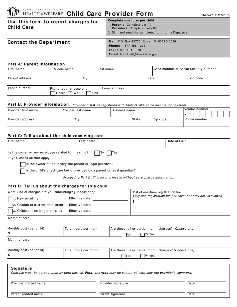 Form HW0427 Child Care Provider Form - Idaho, Page 1