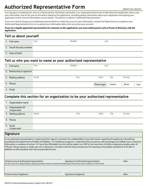 Form HW2019 Authorized Representative Form - Idaho