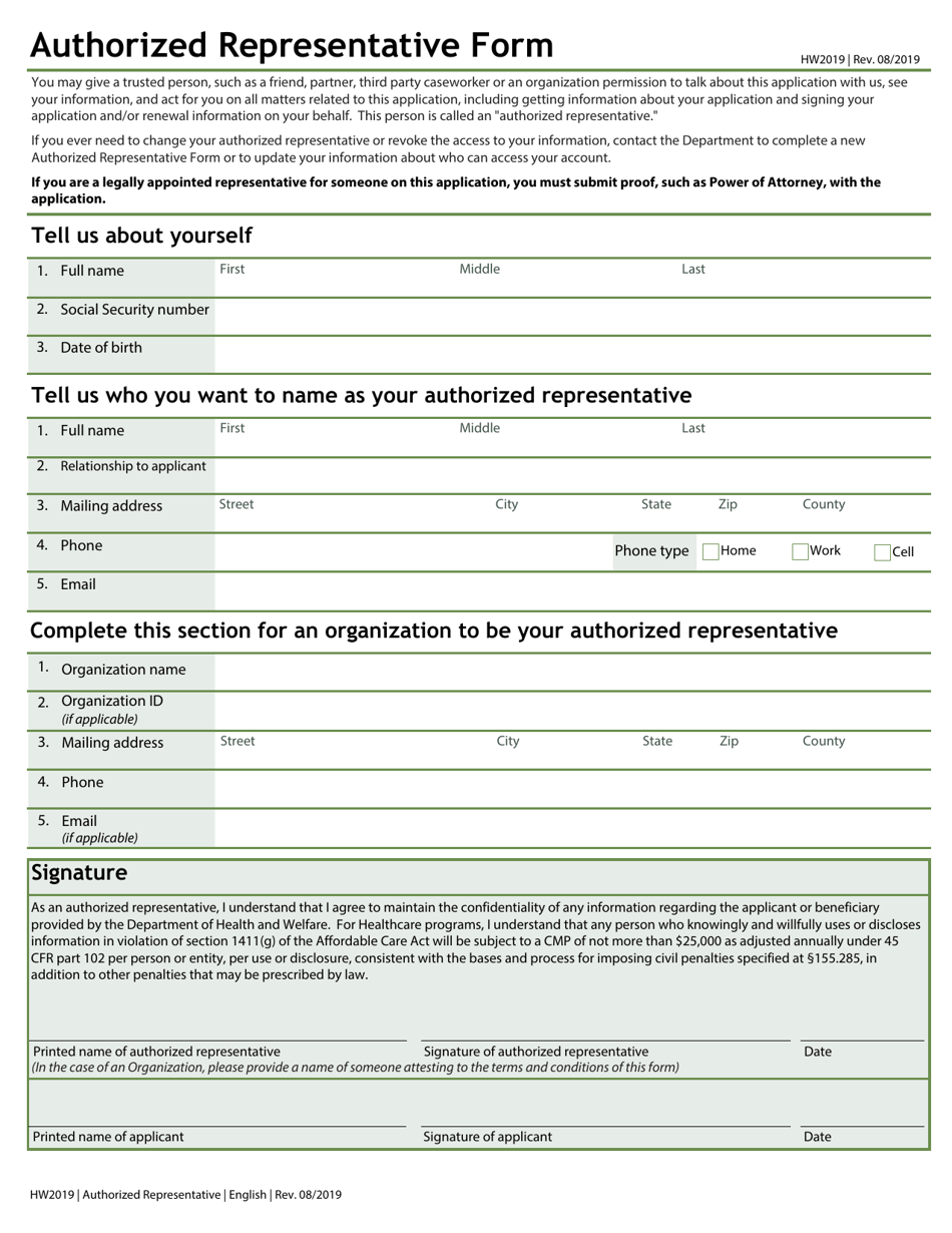 Form HW2019 Authorized Representative Form - Idaho, Page 1