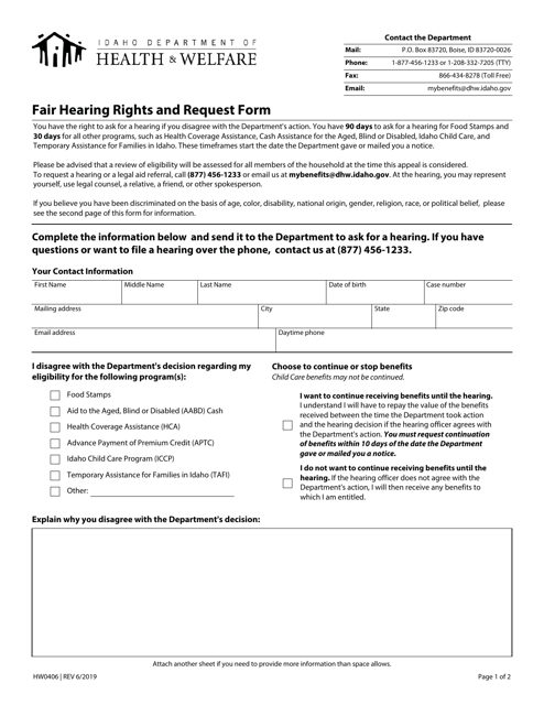 Form HW0406 Fair Hearing Rights and Request Form - Idaho