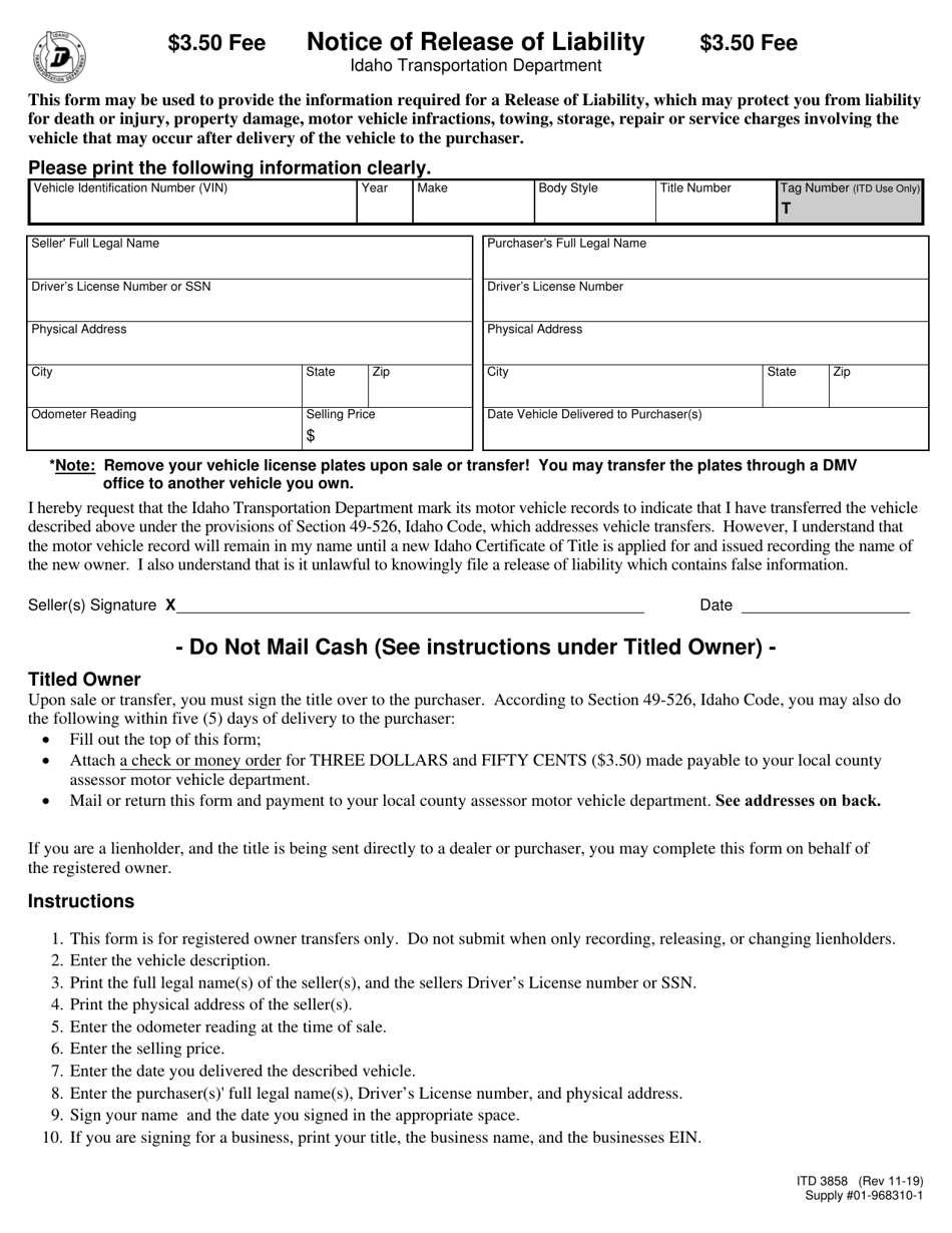 Form ITD3858 Notice of Release of Liability - Idaho, Page 1