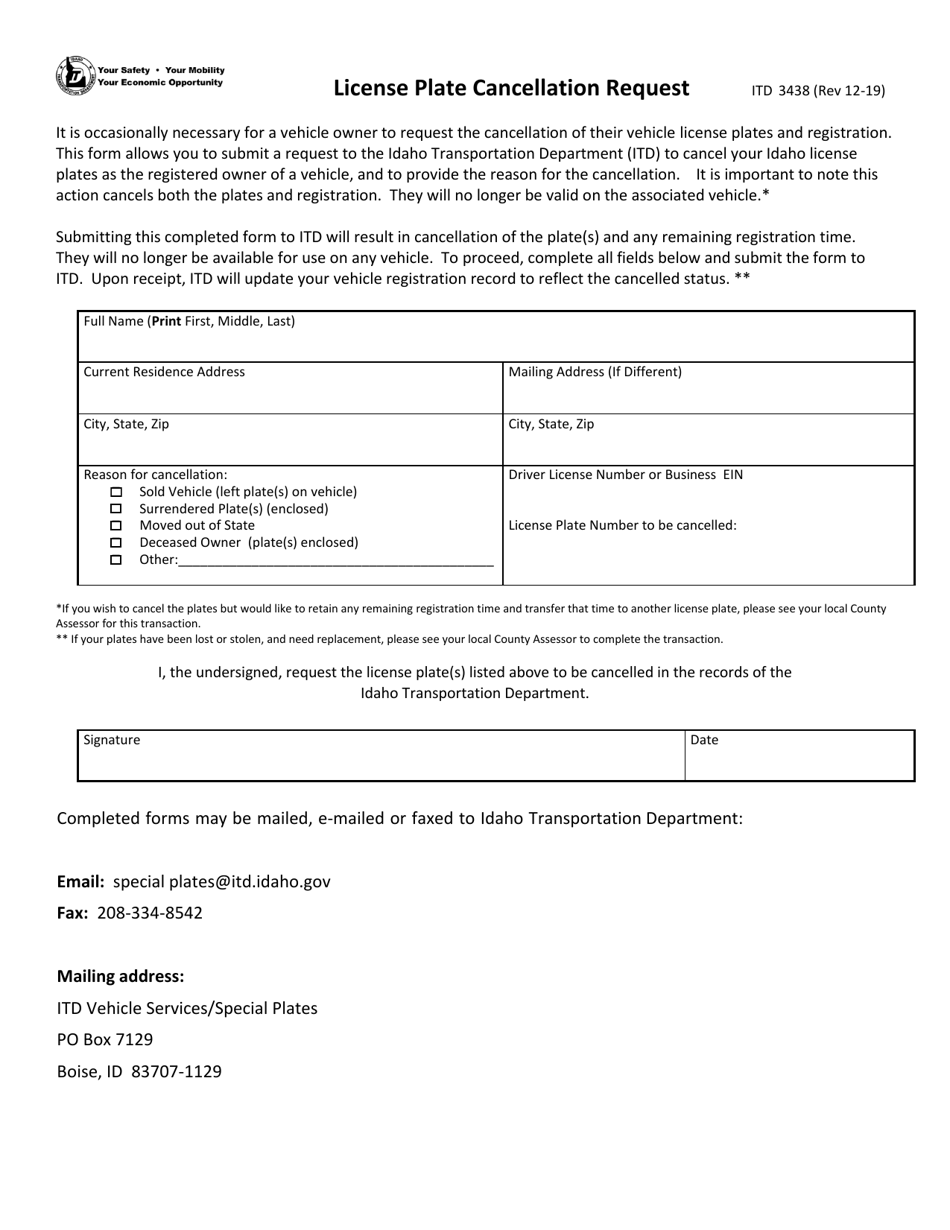 Form ITD3438 Fill Out, Sign Online and Download Fillable PDF, Idaho