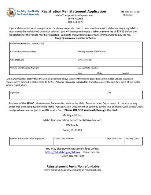 Form ITD3122 Registration Reinstatement Application - Idaho