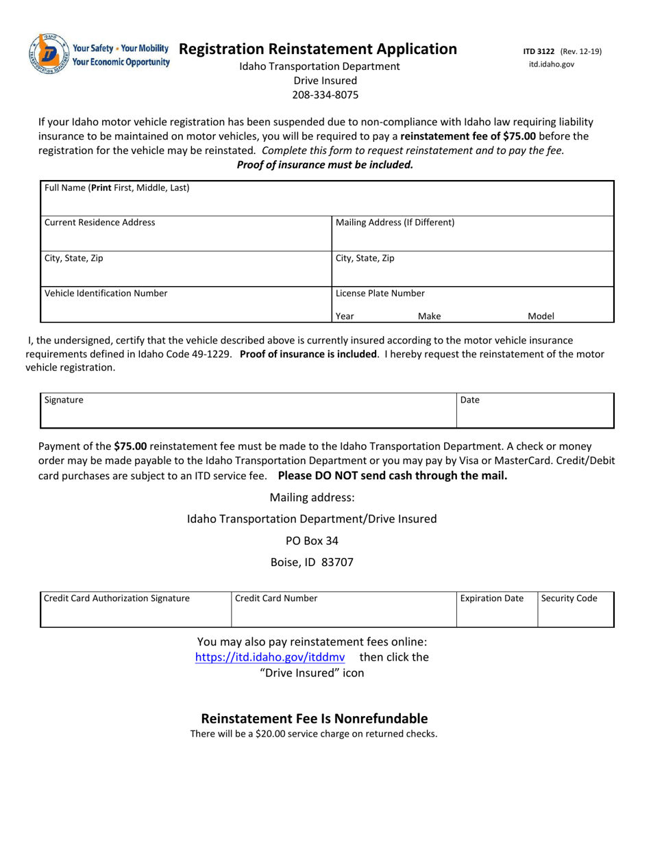 Form ITD3122 Registration Reinstatement Application - Idaho, Page 1