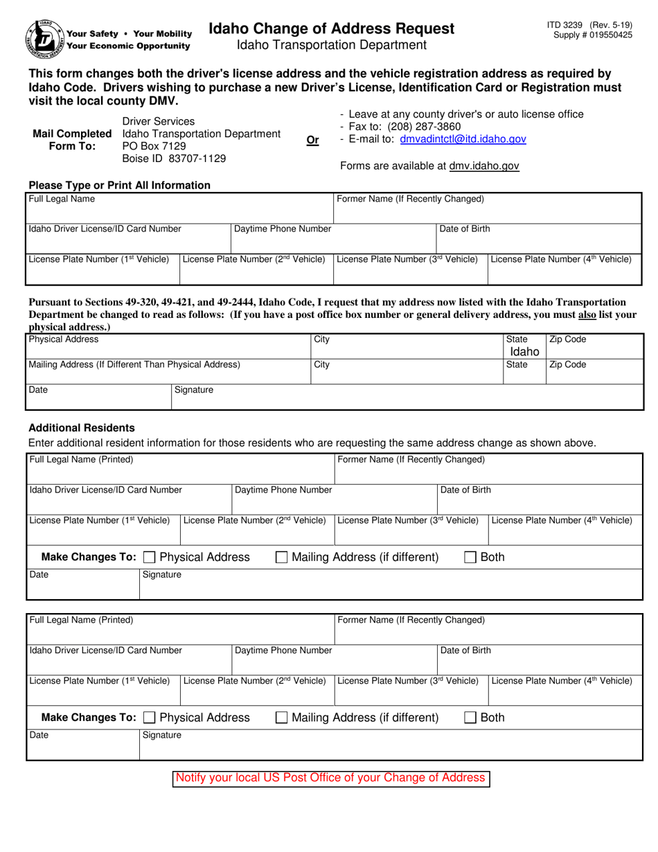 Form ITD3239 Change of Address Request - Idaho, Page 1