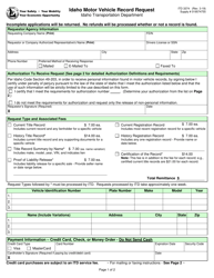 Form ITD3374 Idaho Motor Vehicle Record Request - Idaho