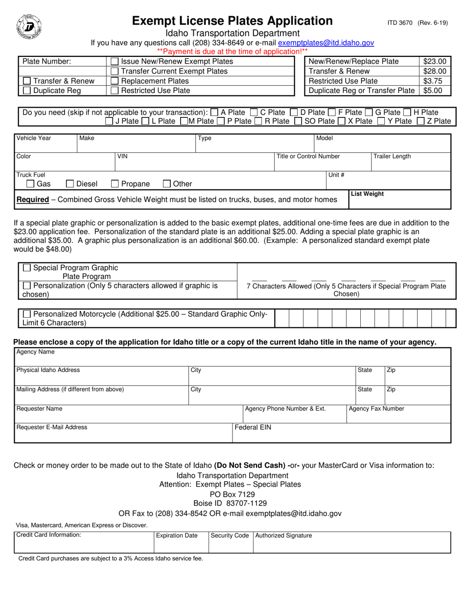 Form ITD3670 Exempt License Plates Application - Idaho, Page 1