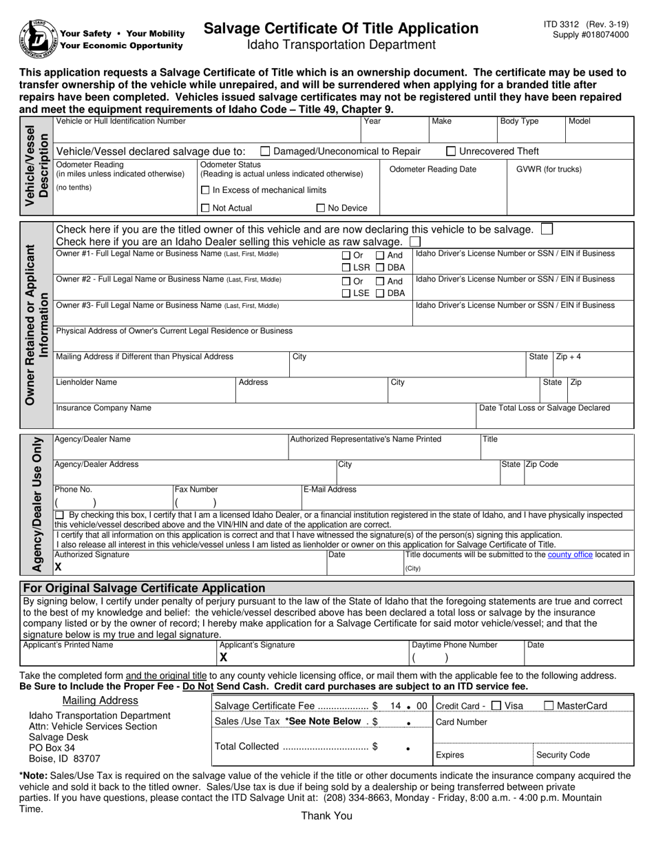 Form ITD3312 Salvage Certificate of Title Application - Idaho, Page 1