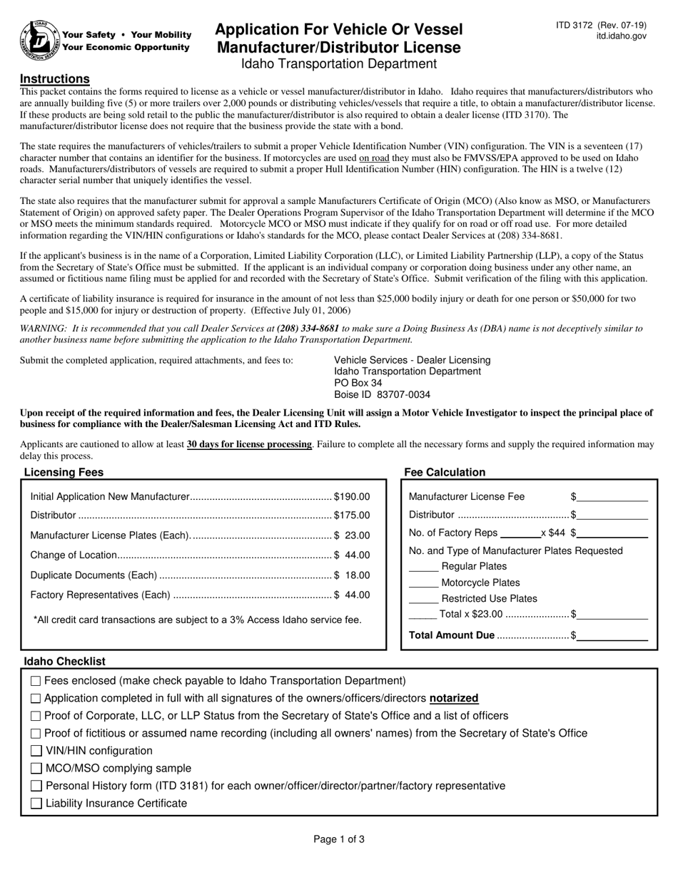 Form ITD3172 Fill Out, Sign Online and Download Fillable PDF, Idaho