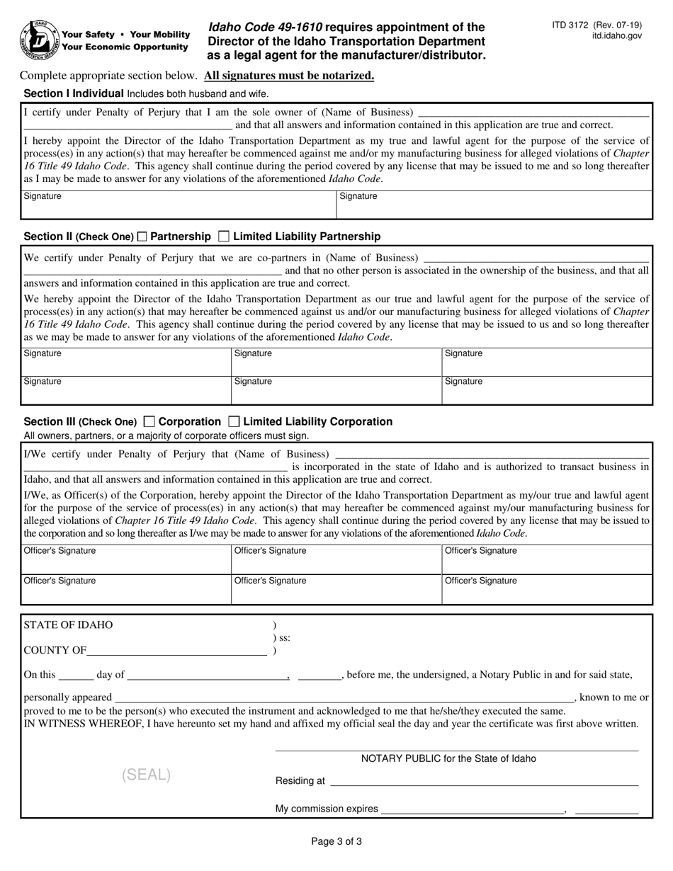 Form ITD3172 Application for Vehicle or Vessel Manufacturer / Distributor License - Idaho, Page 3
