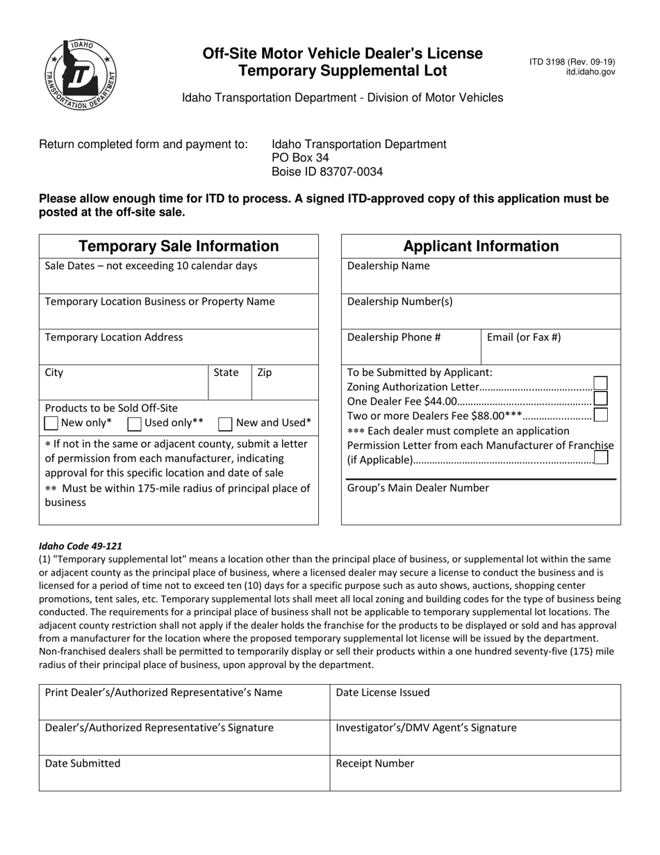 Form ITD3198 Off-Site Motor Vehicle Dealers License Temporary Supplemental Lot - Idaho, Page 1