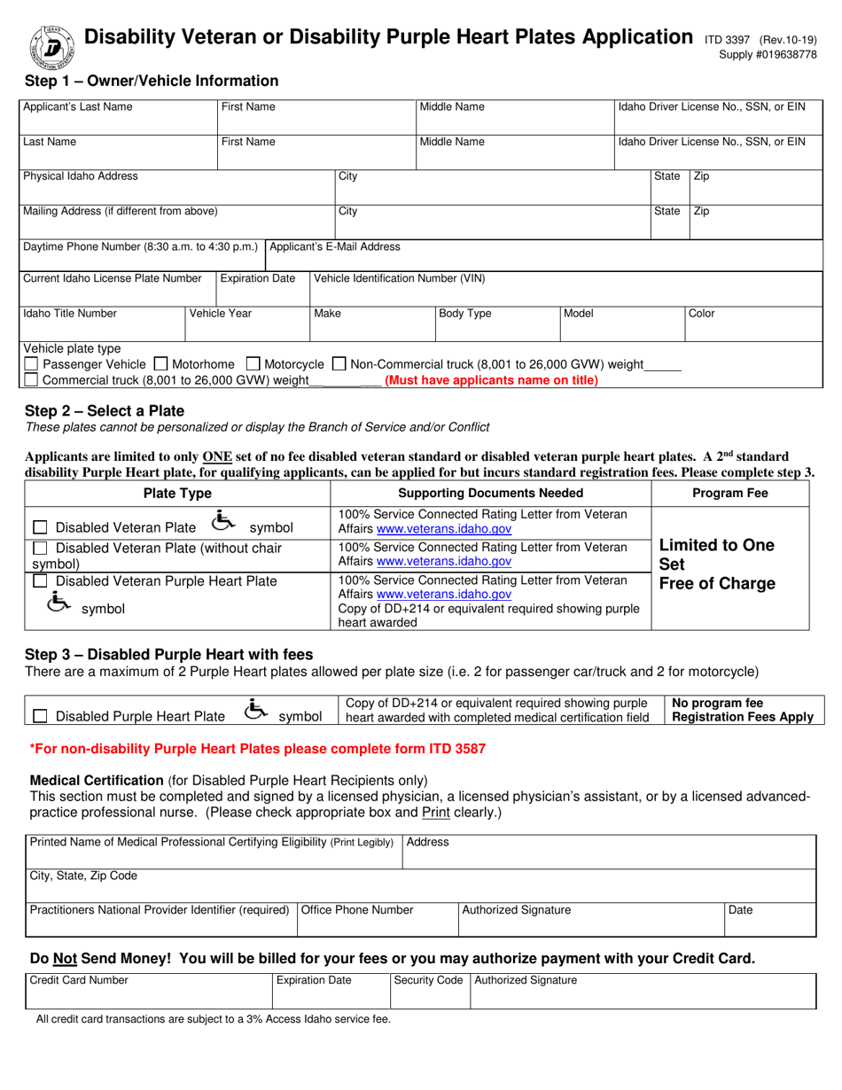 Form ITD3397 Disability Veteran or Disability Purple Heart Plates Application - Idaho, Page 1