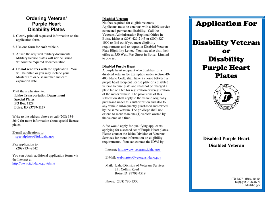 Form ITD3397 Disability Veteran or Disability Purple Heart Plates Application - Idaho, Page 2