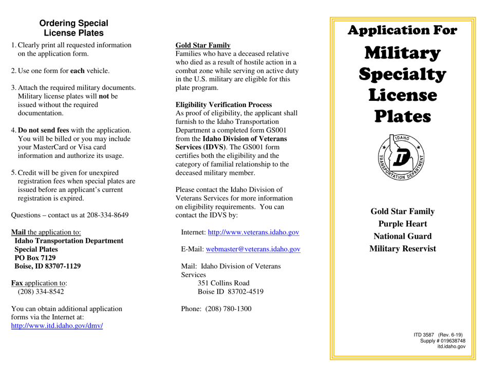 Form ITD3587 Military Specialty Plates Application - Idaho, Page 2
