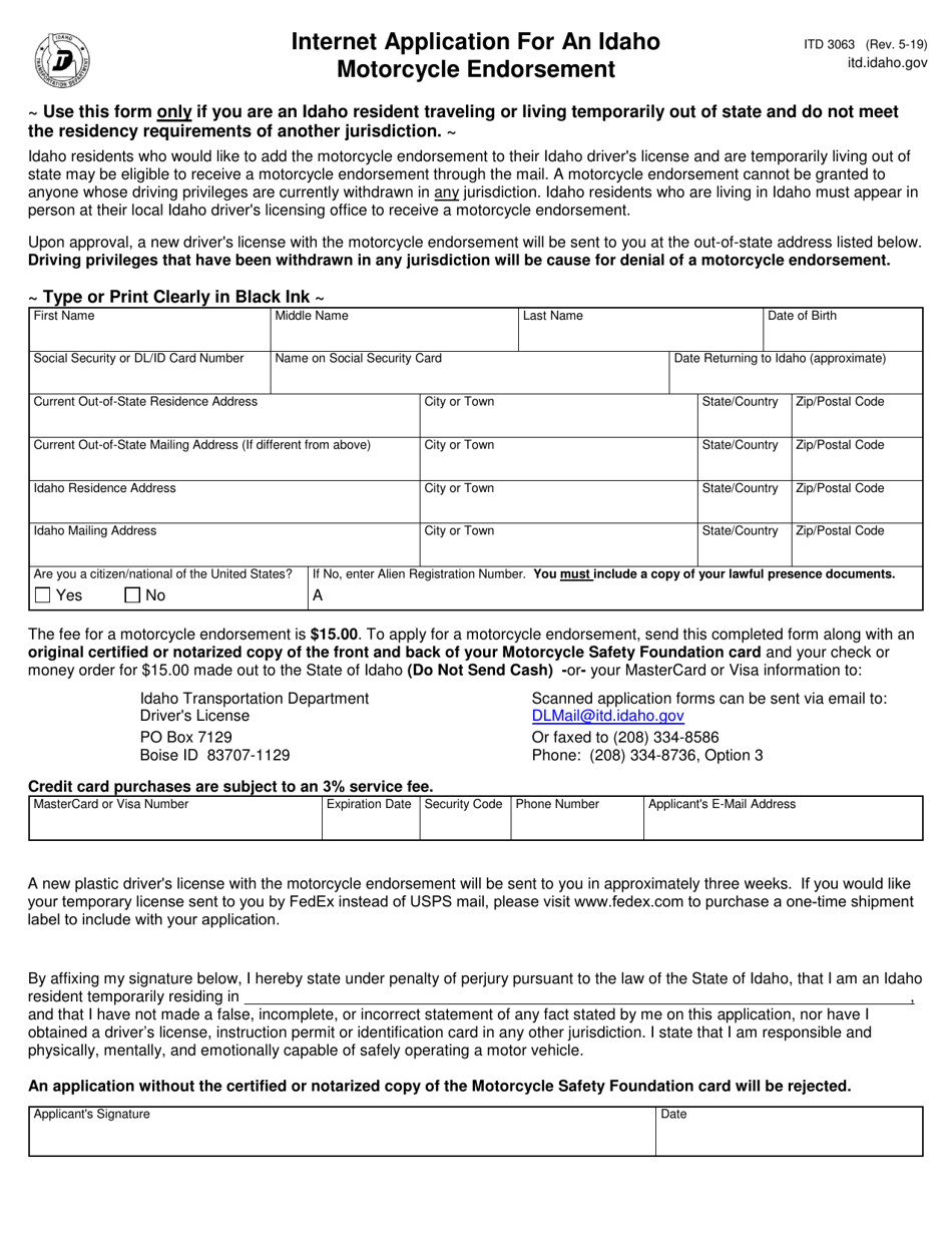 Form ITD3063 Internet Application for an Idaho Motorcycle Endorsement - Idaho, Page 1