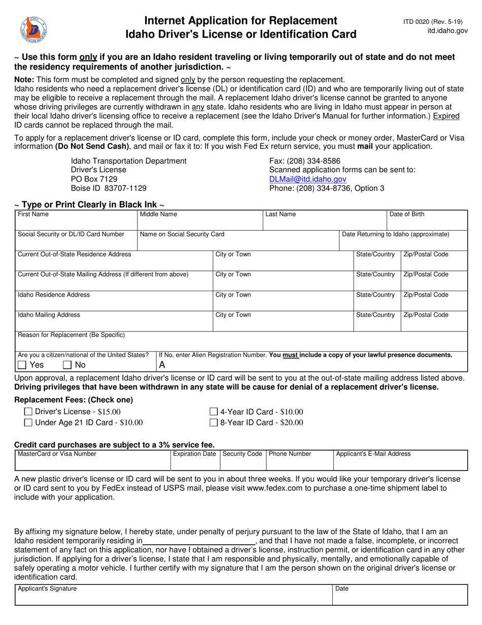 Form ITD0020 Internet Application for Replacement Idaho Drivers License or Identification Card - Idaho, Page 1