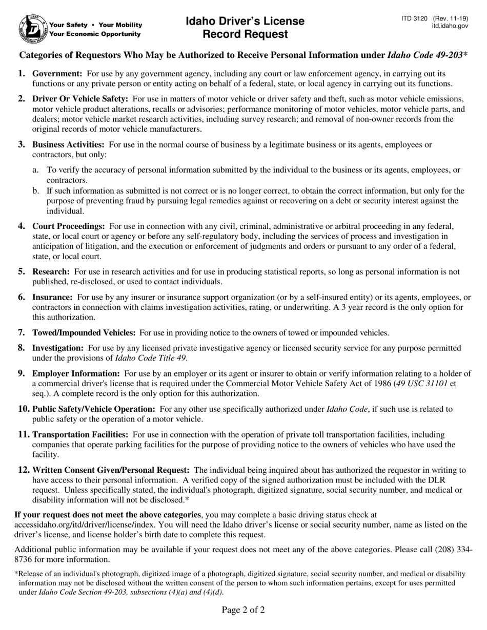 Form ITD3120 Idaho Drivers License Record Request - Idaho, Page 2