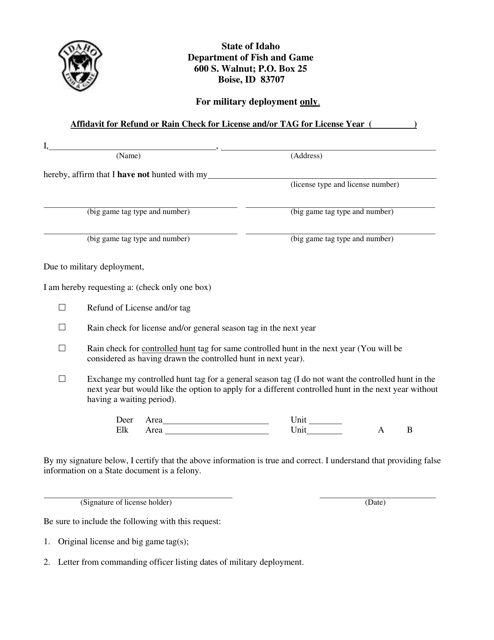 Affidavit for Refund or Rain Check for License and/or Tag for License Year - Idaho