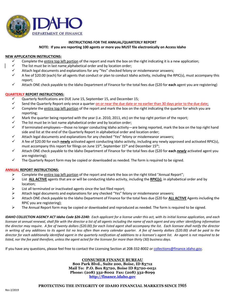Instructions for Annual / Quarterly Notification of Agents / Collectors - Idaho, Page 1