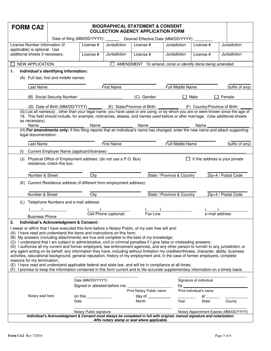 Form CA2 Biographical Statement  Consent Collection Agency Application Form - Idaho, Page 3