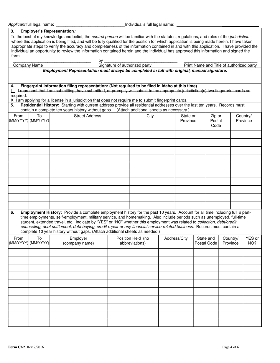 Form CA2 Biographical Statement  Consent Collection Agency Application Form - Idaho, Page 4