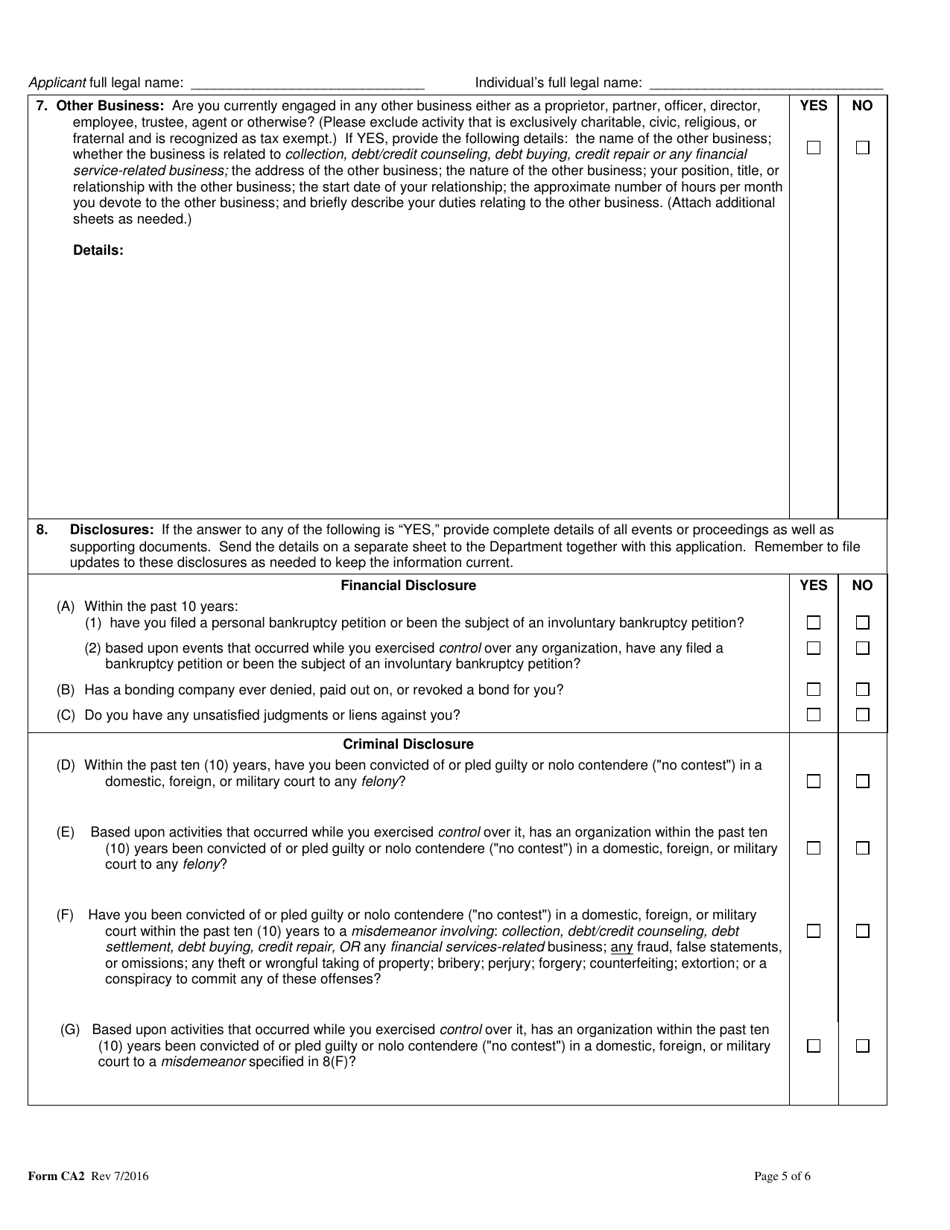 Form CA2 Biographical Statement  Consent Collection Agency Application Form - Idaho, Page 5