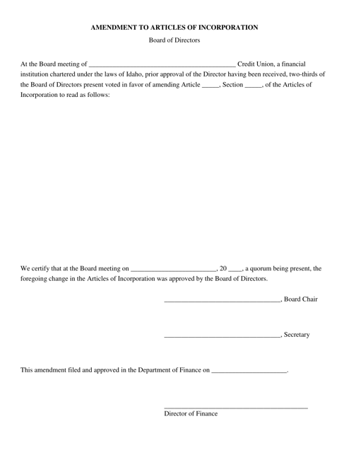 Amendment Certification Form - Articles of Incorporation (Board Vote) - Idaho