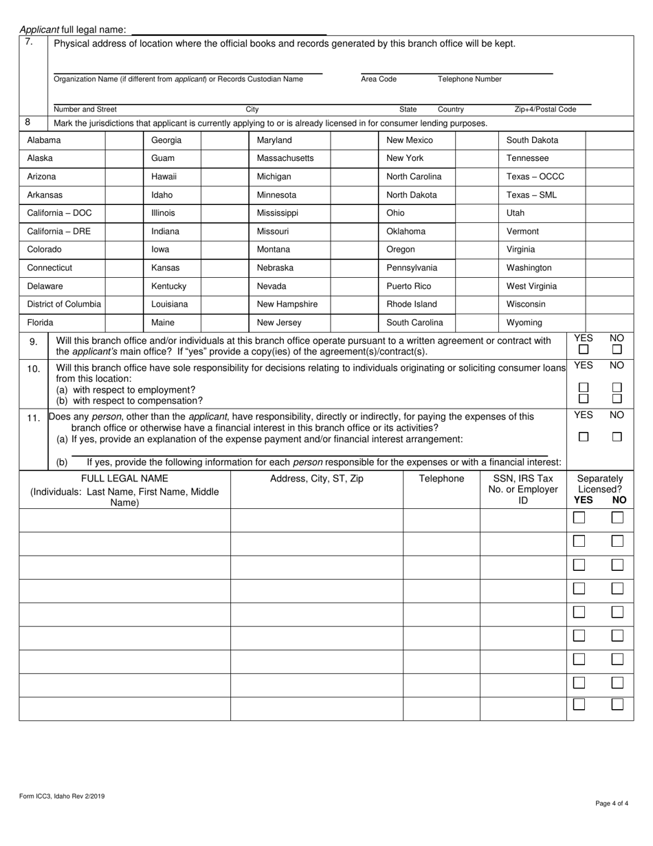 Form ICC3 Idaho Consumer Lender Branch Office Application Form - Idaho, Page 4