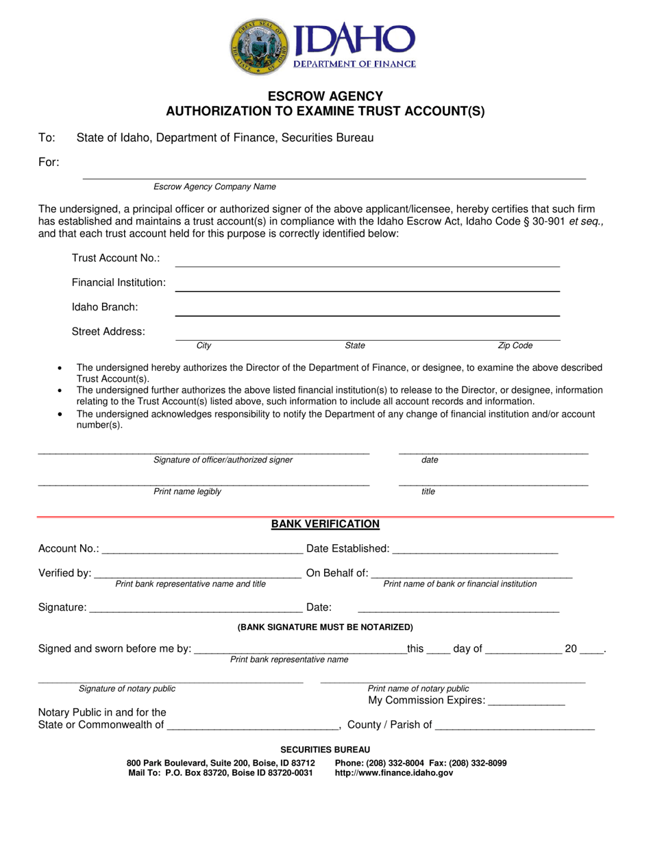 Escrow Agency Authorization to Examine Trust Account(S) - Idaho, Page 1