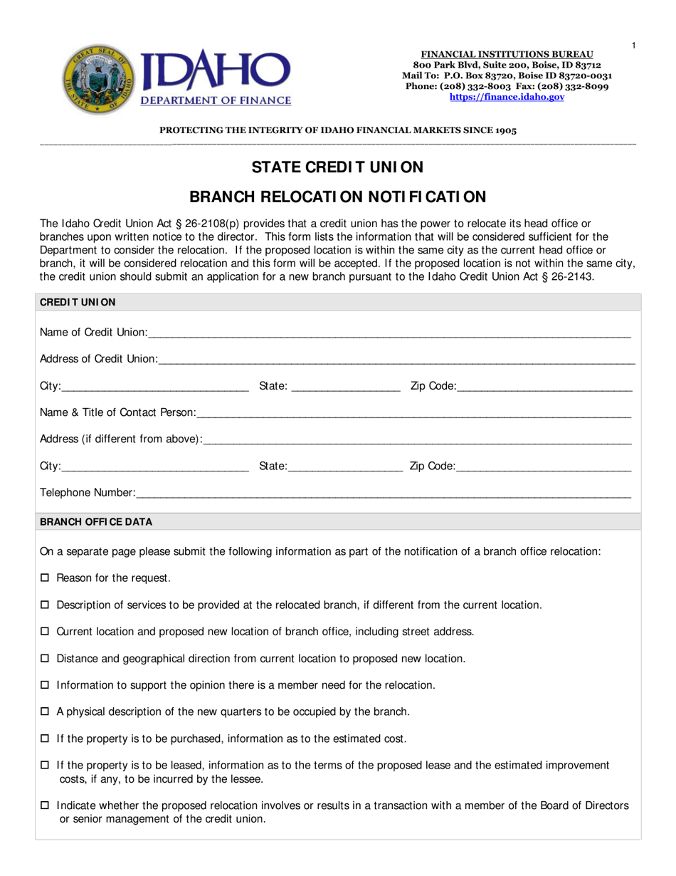 State Credit Union Branch Relocation Notification - Idaho, Page 1