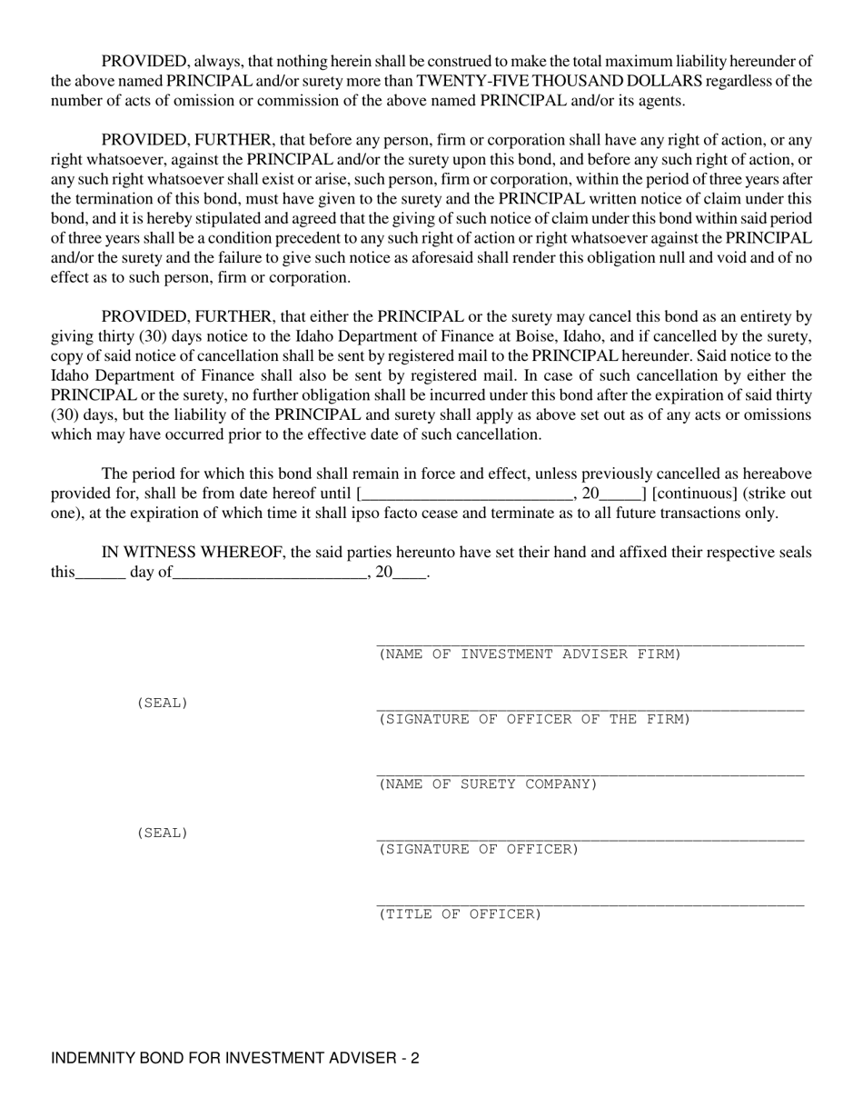 Indemnity Bond for Investment Adviser - Idaho, Page 2