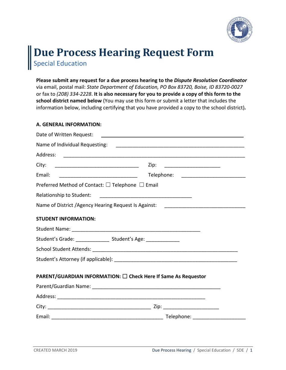 Due Process Hearing Request Form - Idaho, Page 1