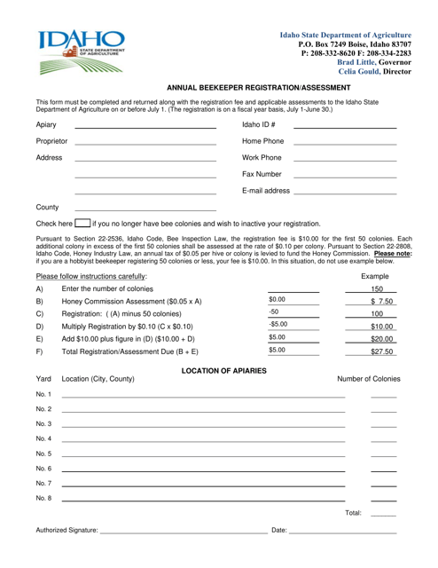 Annual Beekeeper Registration/Assessment - Idaho