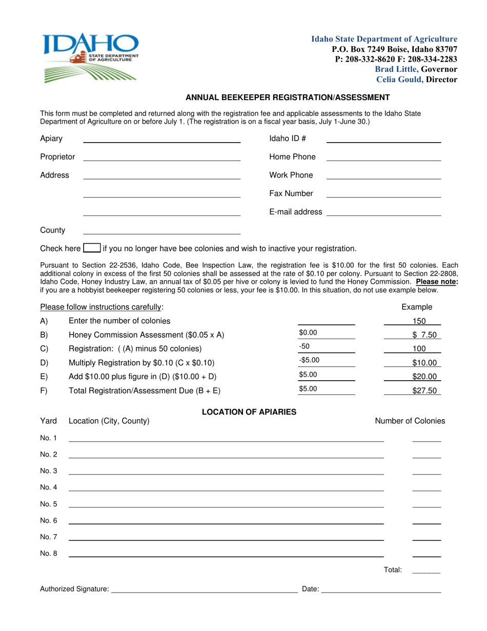 Annual Beekeeper Registration / Assessment - Idaho, Page 1