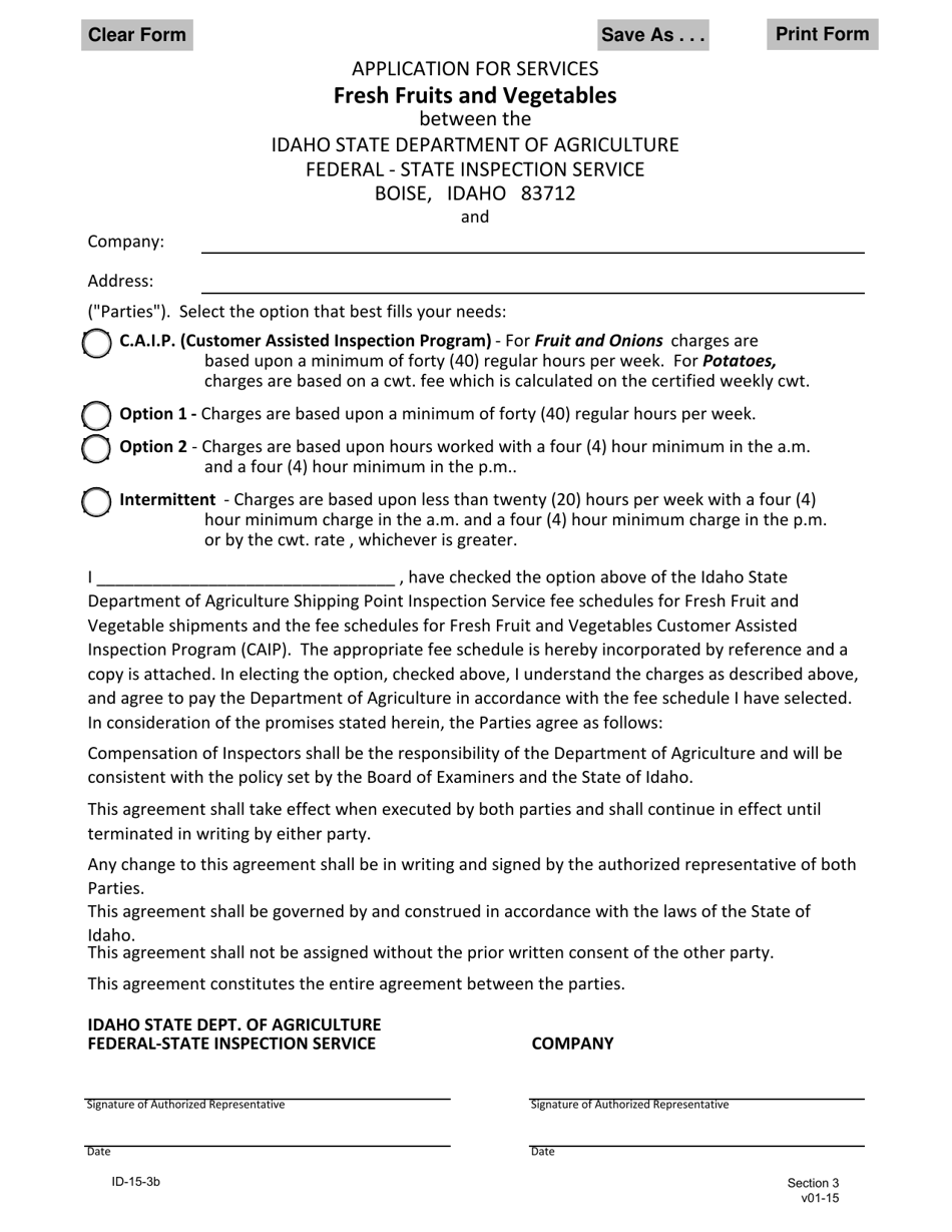 Form ID-15-3B Application for Services - Fresh Fruits and Vegetables - Idaho, Page 1