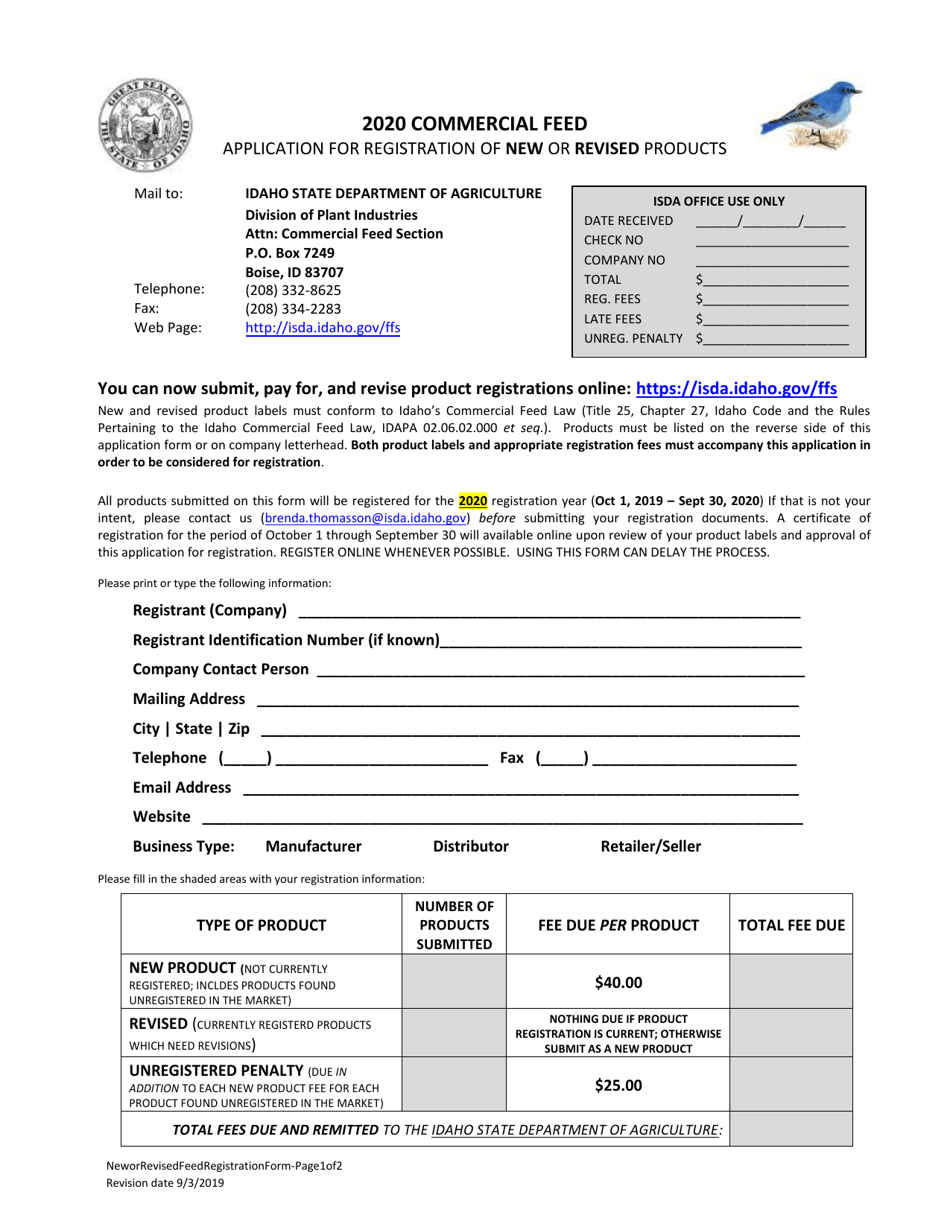 Commercial Feed Application for Registration of New or Revised Products - Idaho, Page 1