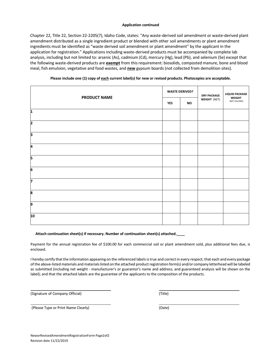 Commercial Soil or Plant Amendment Application for Registration of New or Revised Products - Idaho, Page 2
